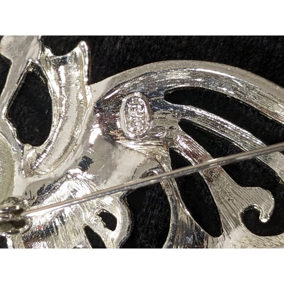 Vintage Signed SFJ Silver Tone Angel Trumpet Open Work Pin Brooch - Picture 5 of 6